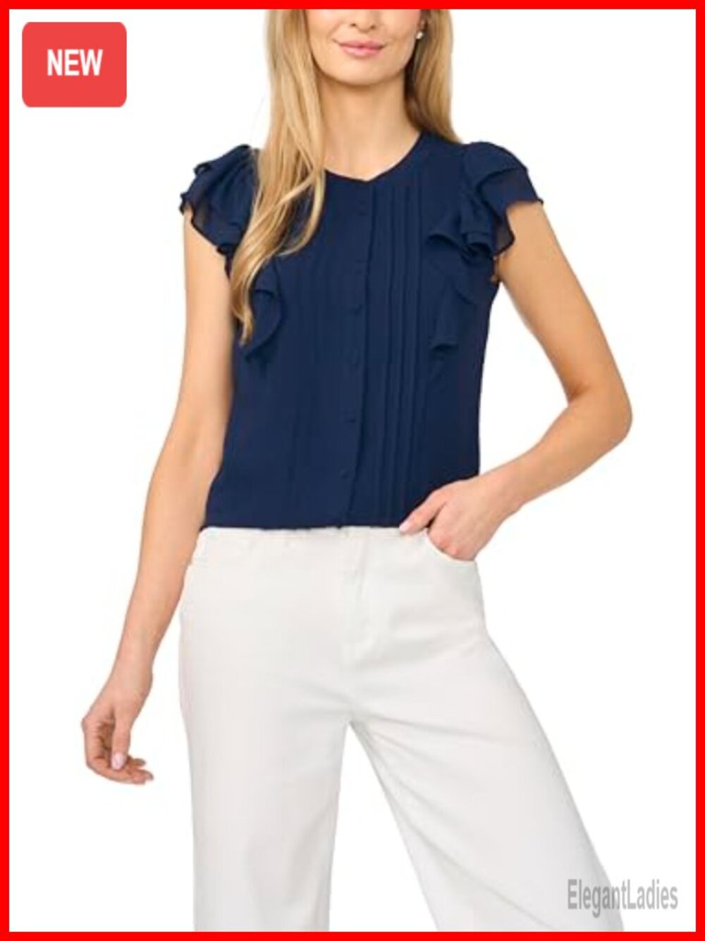 CeCe Double Ruffle Button Down Pintuck Blouse